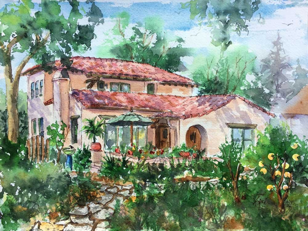 A watercolor painting of a house with a red-tiled roof, surrounded by lush greenery, trees, and a garden with flowers and plants, and a stone pathway leading to the entrance.