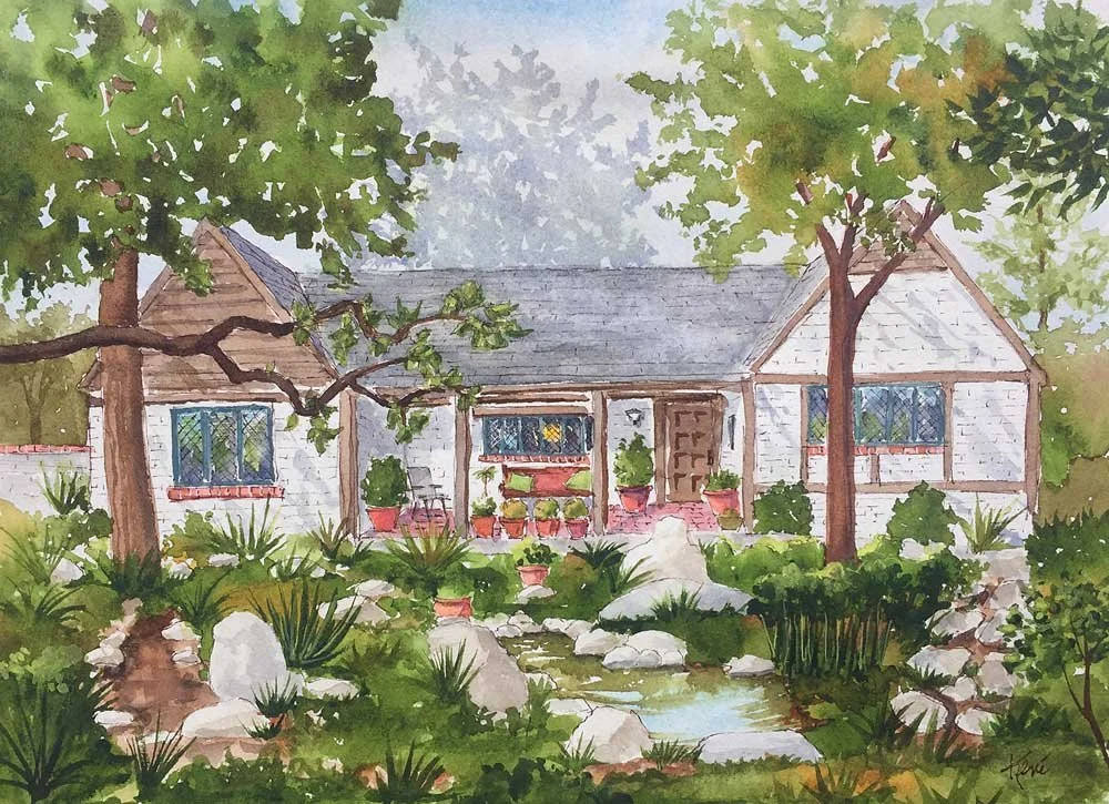 Watercolor painting of a house with a garden, trees, potted plants, rocks, and a small pond in the foreground.