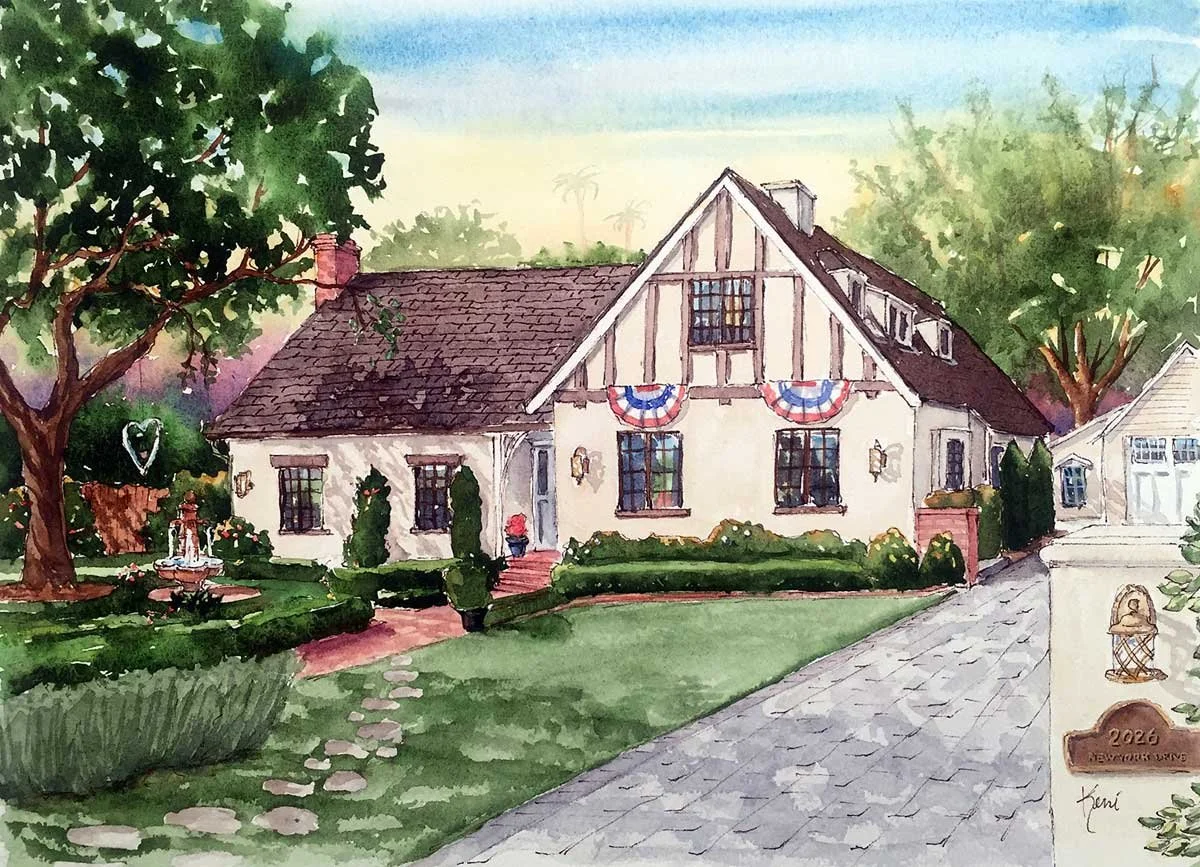 Watercolor painting of a house with patriotic buntings, green trees, a stone pathway, a well-kept lawn, and a mailbox in the foreground.