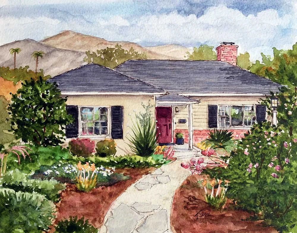 Watercolor painting of a house with a dark gray roof, beige and brick exterior, surrounded by a lush garden with colorful flowers, bushes, and trees, with mountains in the background and a winding stone pathway leading to the front door.