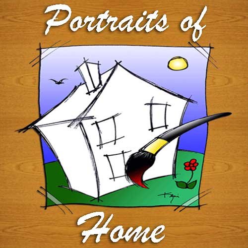 Illustration of a house being painted with a large paintbrush, with the text 'Portraits of Home' at the top and bottom, a small flower, a bird, a sun, and a purple sky in the background.
