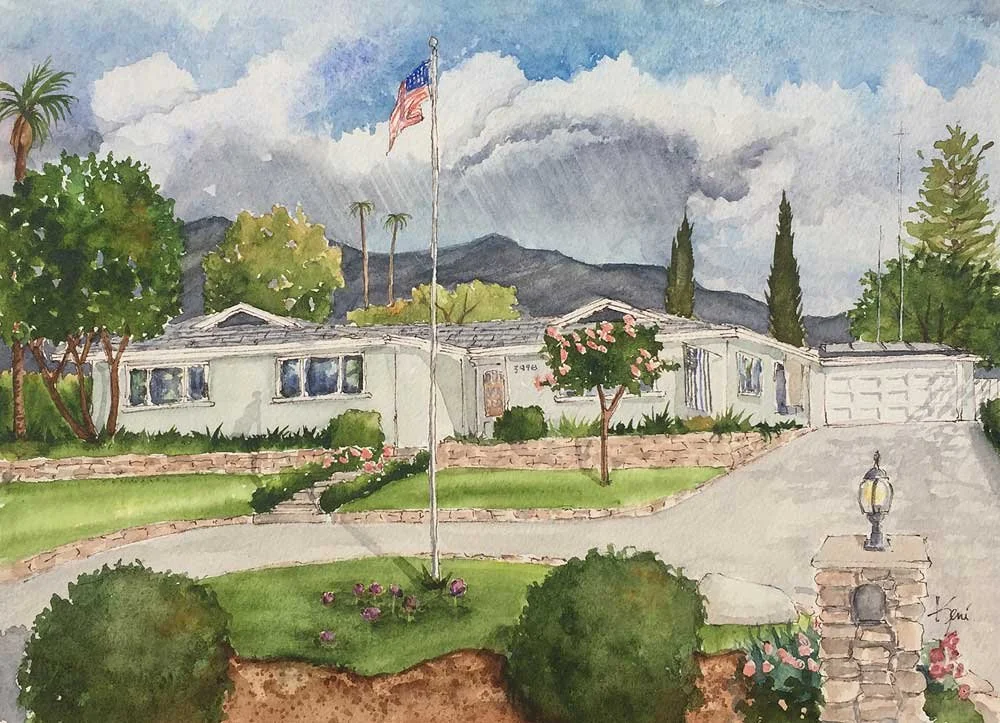 Watercolor painting of a suburban house with a driveway, garden, and trees, under a cloudy sky, with mountains and smoke in the background.