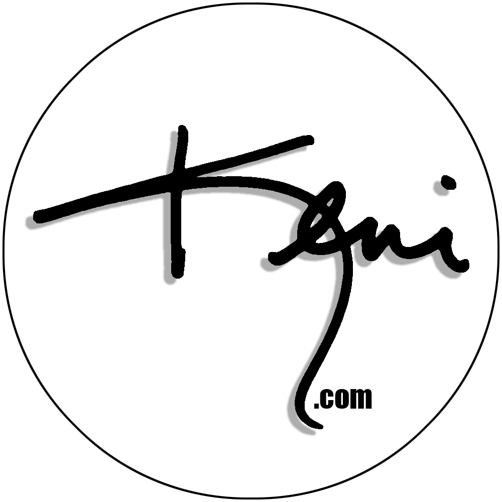 A circular logo with a signature-style black text, Keni, and a small ".com" at the bottom, with a white background.