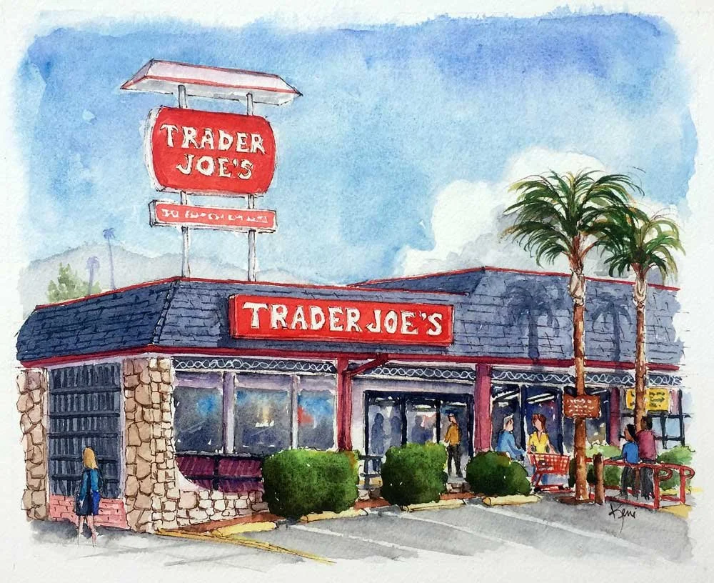 Watercolor painting of a Trader Joe's store exterior with a sign, palm trees, and people outside. The building has a distinctive roof and stone facade.