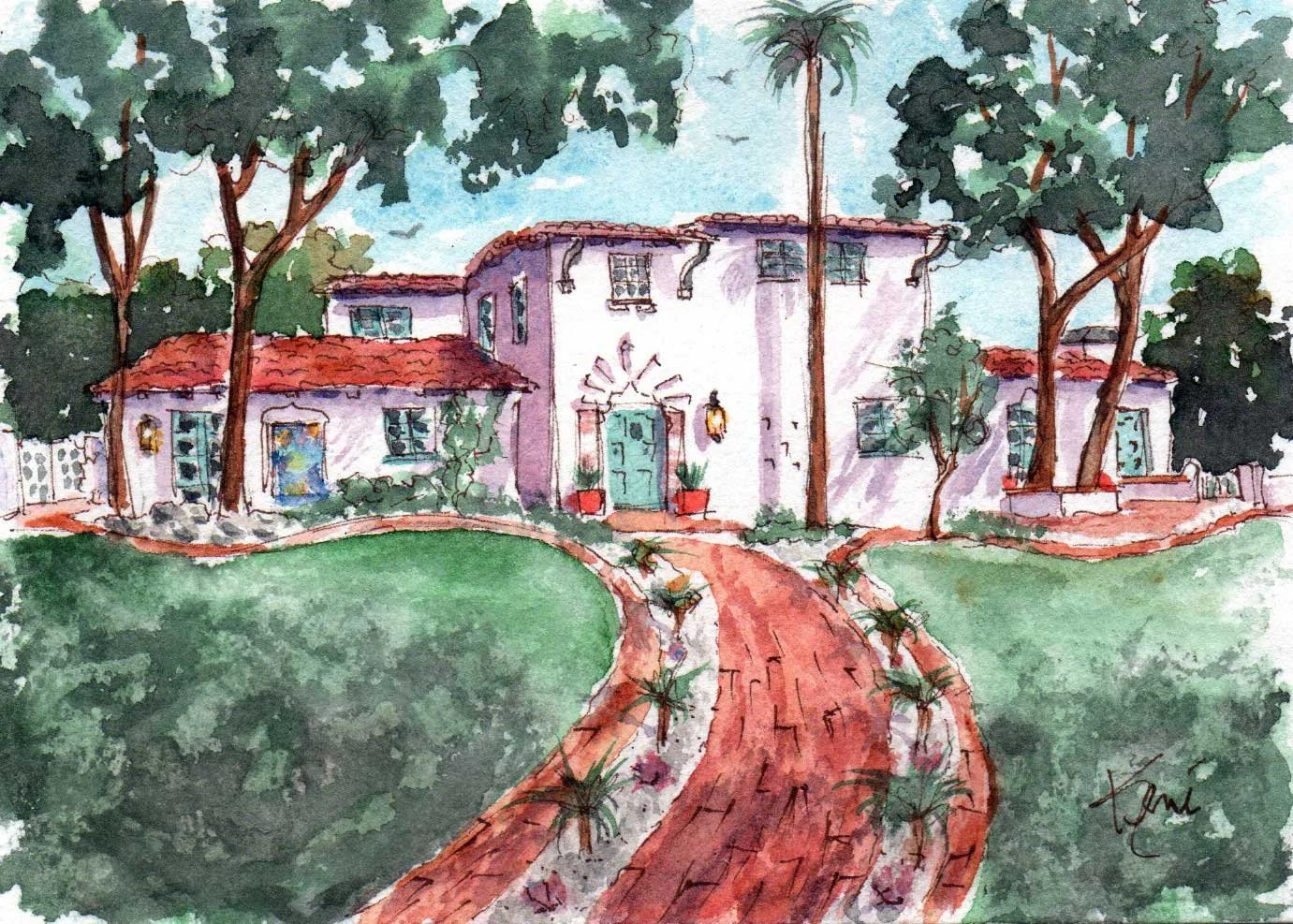 A watercolor painting of a house with a red-tiled roof, surrounded by trees and a well-maintained lawn, with a curved red driveway leading to the front door.