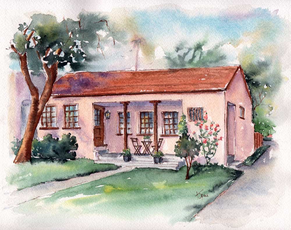Watercolor painting of a pink house with a red roof, a small porch with two chairs and potted plants, trees, and a pathway.