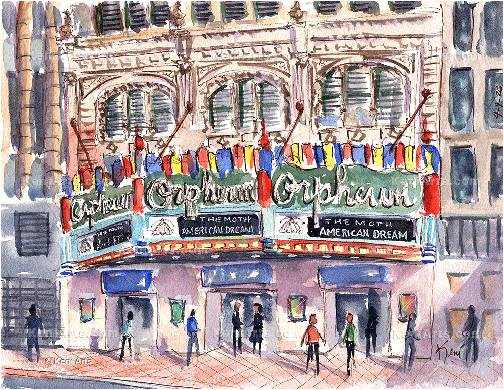 Watercolor painting of the Orpheum Theater marquee with people walking in front. The marquee displays the show 'The Moth: American Dream' and colorful flags and lights.