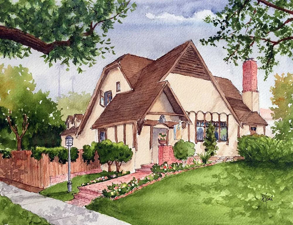 Watercolor painting of a house with tall, steep roofs, surrounded by trees, bushes, and a well-maintained lawn with flowers, under a partly cloudy sky.