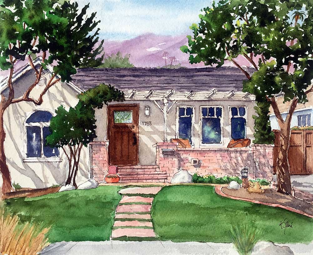 Watercolor painting of a cozy house with a front yard, brick staircase, and lush trees.