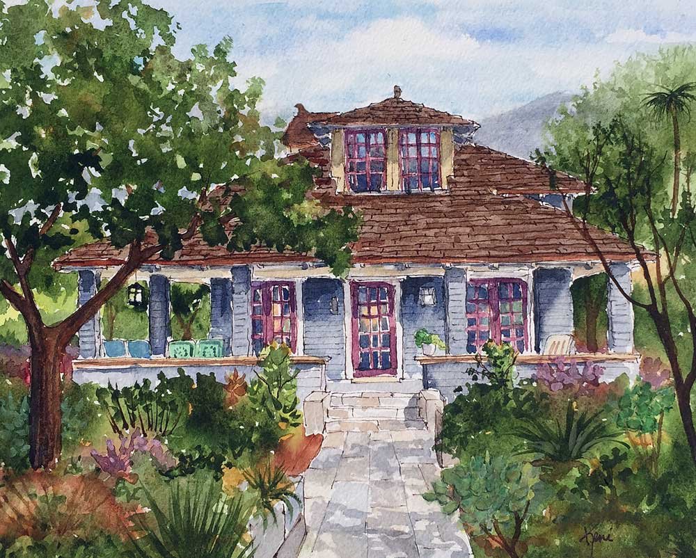 Watercolor painting of a house with a brown shingle roof, blue walls, and purple multi-pane windows, surrounded by greenery and trees.