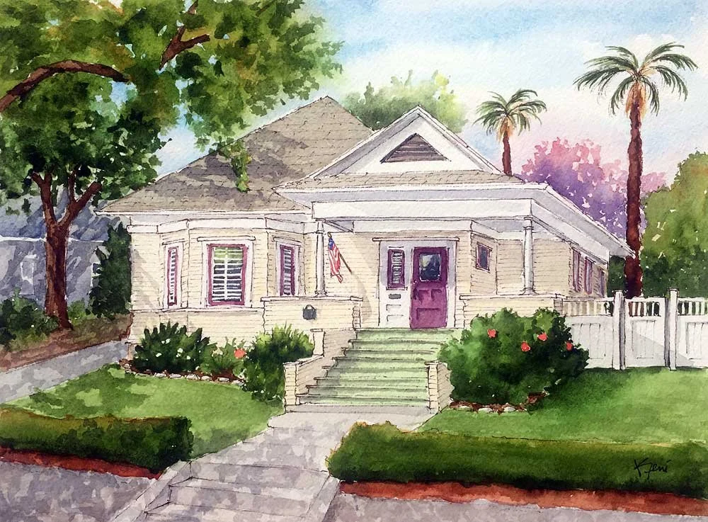Watercolor painting of a light-colored house with a purple door, surrounded by green bushes and tall palm trees. There is a staircase leading to the front door, a white picket fence on the right, and a large tree on the left.