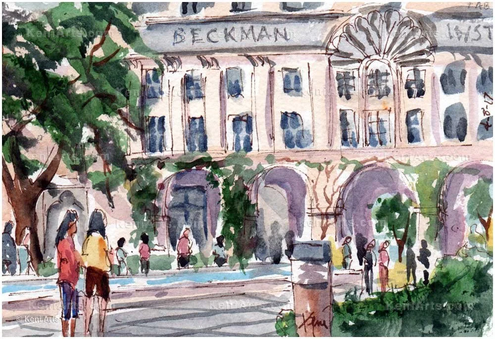 Watercolor painting of a public square with people walking, trees, and an ornate building labeled "Beckman."