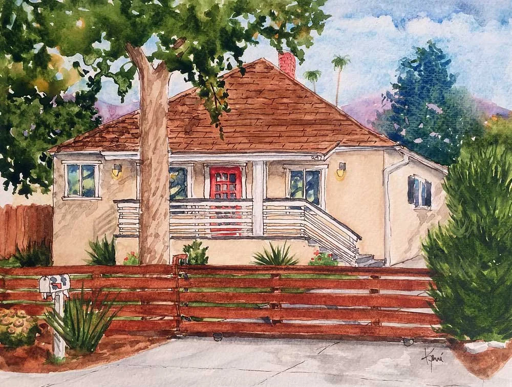 Watercolor painting of a house with a red door, front porch, and stairs, surrounded by trees and greenery, with a wooden fence in the foreground and a partly cloudy sky.