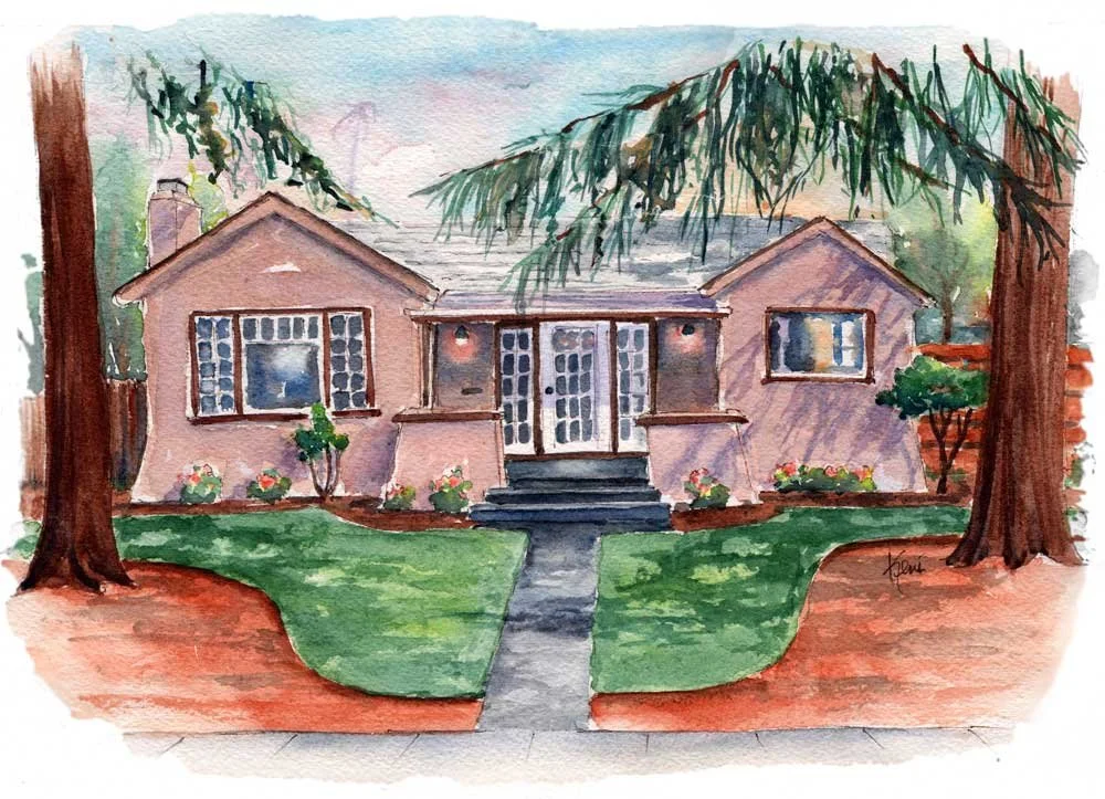Watercolor painting of a house with a well-kept lawn, surrounded by trees, with a pathway leading to the front steps.