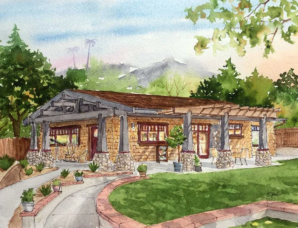 Watercolor painting of a cozy single-story craftsman house with stone and wood exterior, surrounded by a lush lawn, trees, and potted plants.