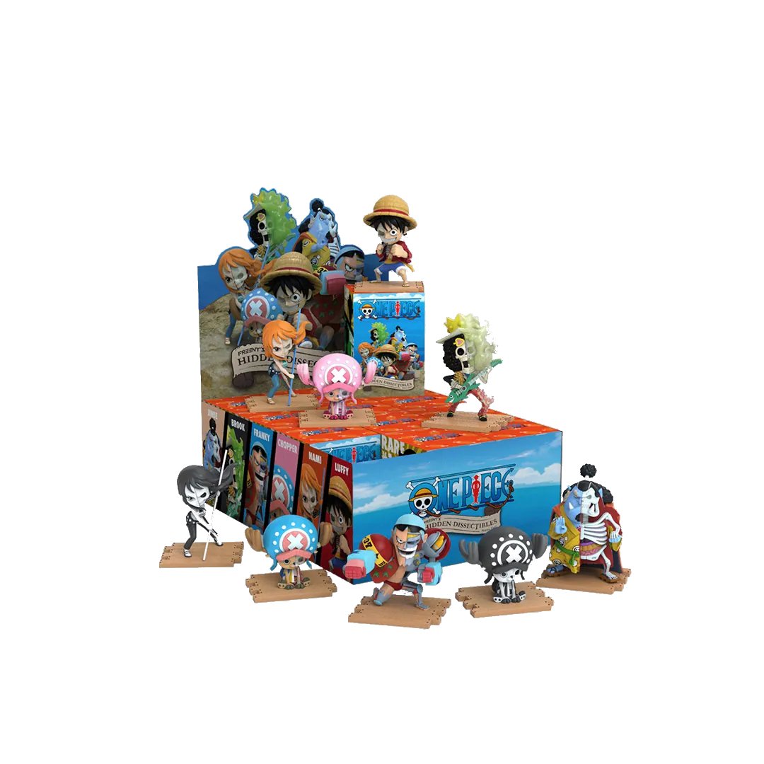 Display of One Piece themed figurines and collectibles, including various characters from the anime series, arranged on a tiered platform with themed packaging.