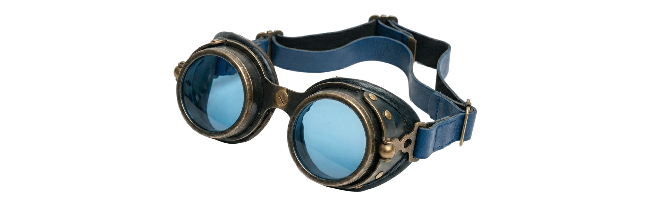 Steampunk-style goggles with blue lenses and a dark strap