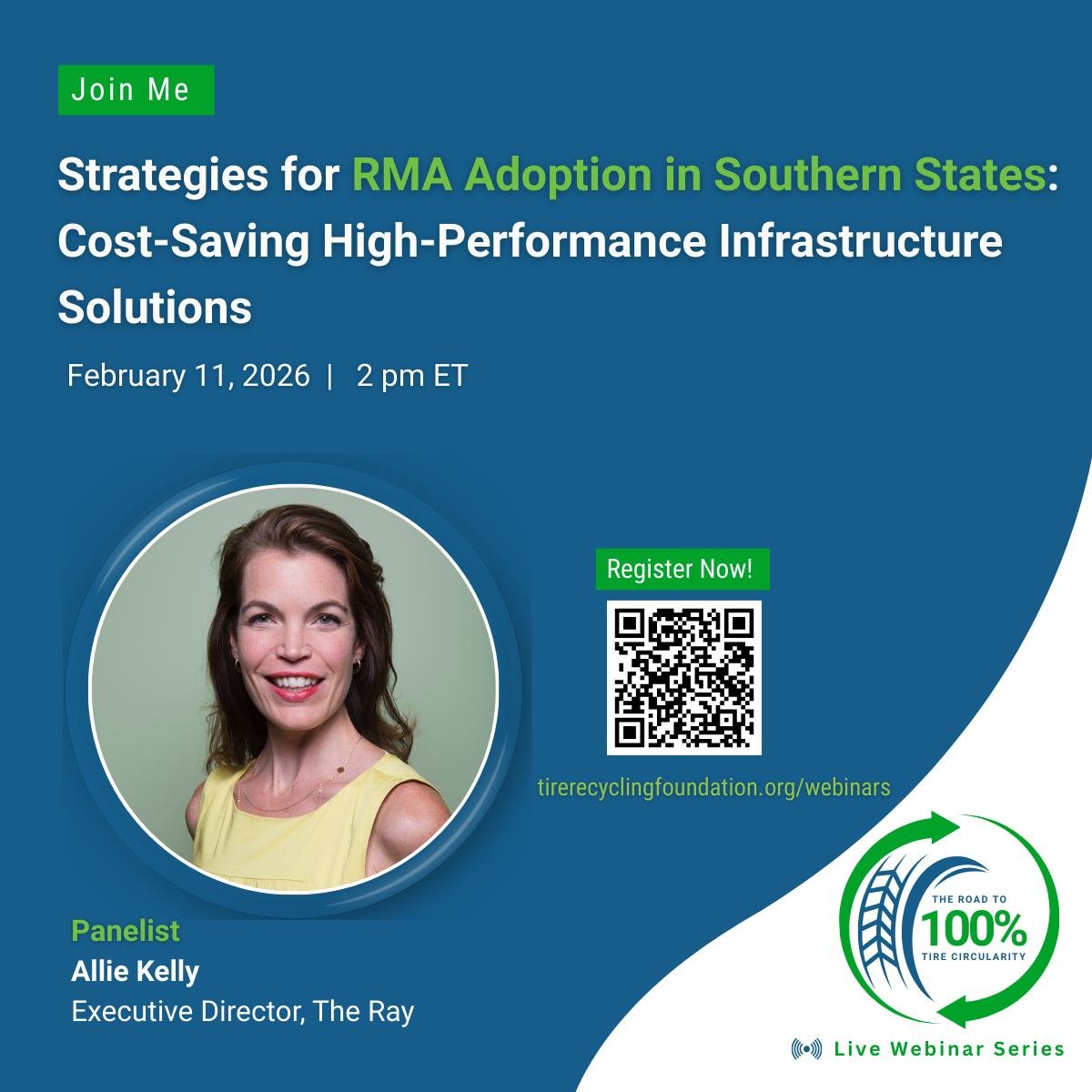 On February 11th, our Executive Director, Allie Kelly, will be speaking at an upcoming webinar, sharing practical strategies to advance Rubber Modified Asphalt (RMA) adoption across Southern states. She&rsquo;ll highlight how circular materials can d