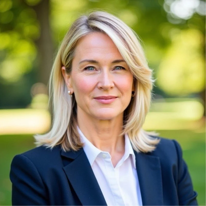 A woman with blonde, with a blurred green background.