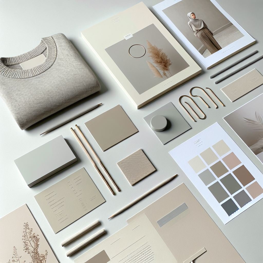 Flat lay of beige-themed items including a sweater, stationery, paper samples, and a color palette chart. Arranged neatly on a light surface, highlighting neutral tones and minimalist design.