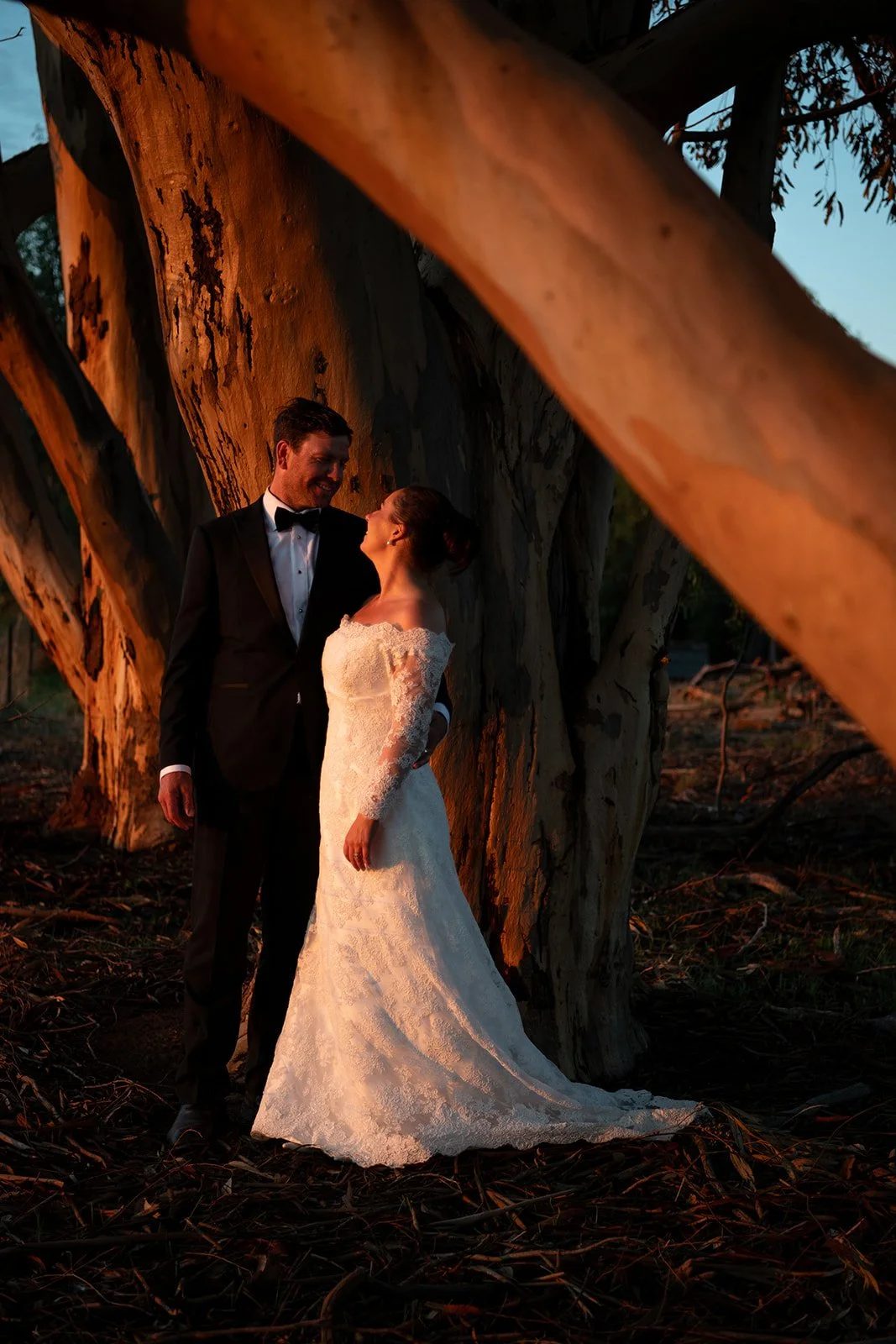 Bride and groom surrounded by the stunning red glow of sunset beneath century-old gum trees at Rawson Park Homestead near Wagga Wagga, NSW.