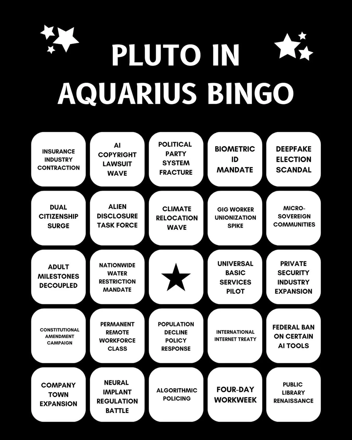 MORE UNEXPECTED SIDE EFFECTS OF PLUTO IN AQUARIUS: PART 3 (BINGO CARD EDITION)

on may 6, pluto stationed retrograde at 5&deg; aquarius and will stay that way until mid-october of this year. the impact of this transit is strongest for fixed sign plac