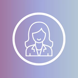 Outline icon of a smiling woman with shoulder-length hair, wearing a blazer, inside a circle.