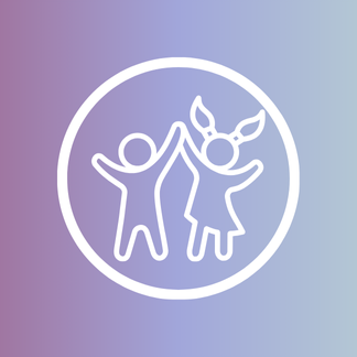 A minimalistic line drawing of a human figure and a rabbit inside a circle, with a gradient background.