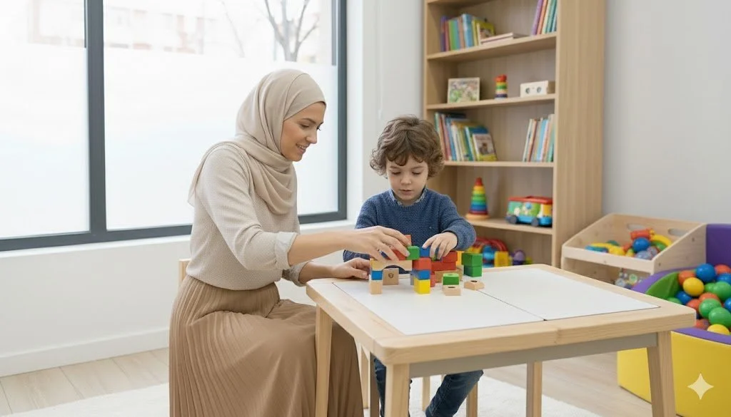 A woman wearing a beige hijab and dress playing with a young boy at a table with colorful building blocks in a playroom with shelves of books and toys.