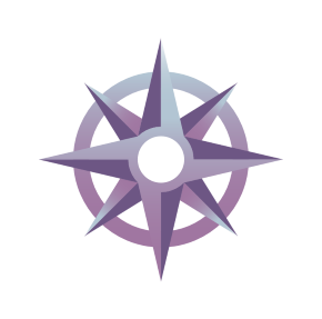 A stylized compass rose with purple and gray tones, featuring multiple pointed spikes and a yellow center.