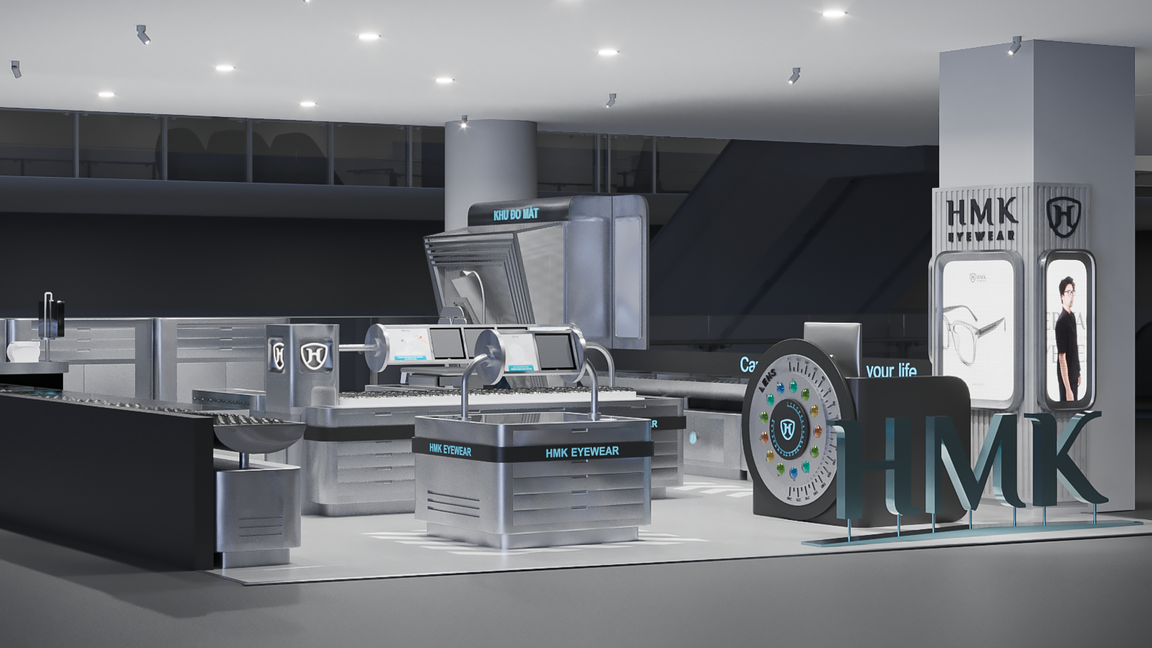 Thiết kế nội thất cửa hàng kính mắt HMK Eyewear hiện đại với khu trưng bày kính và trải nghiệm tròng kính.