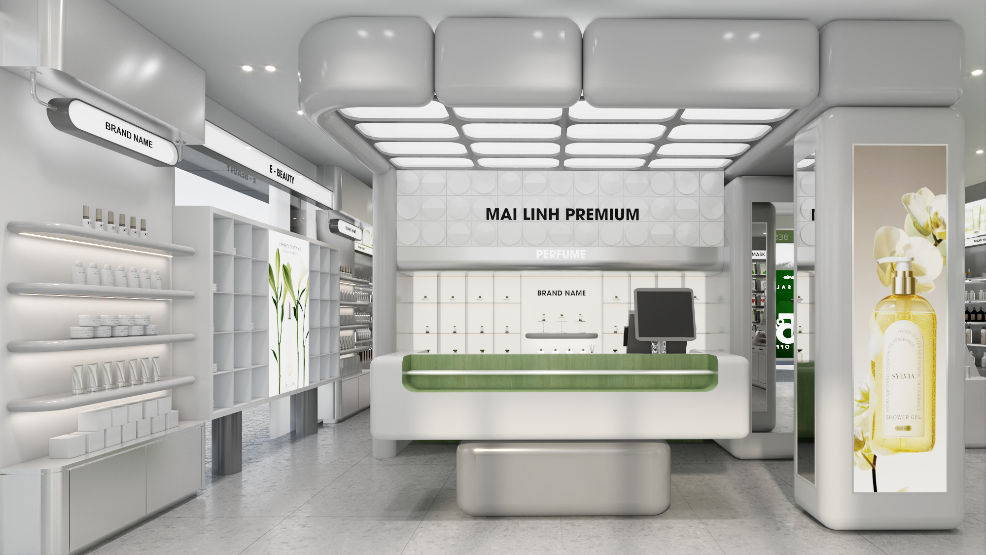 Thiết kế nội thất cửa hàng mỹ phẩm Mai Linh Premium với quầy trưng bày trung tâm phong cách hiện đại.