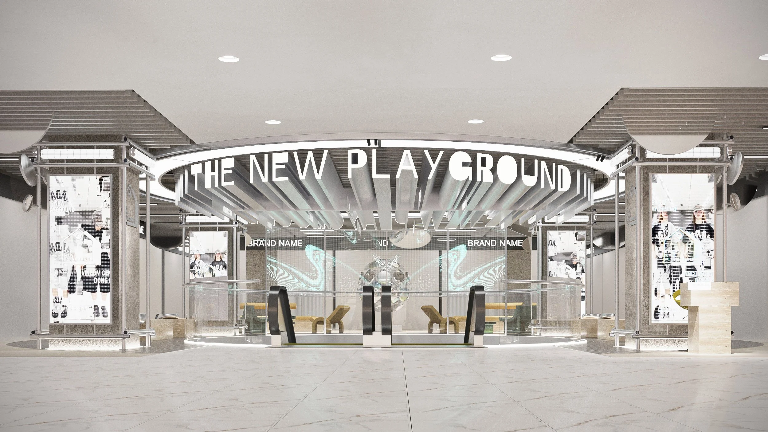 Mô hình 3d mặt trước của phức hợp mua sắm The New Play Ground