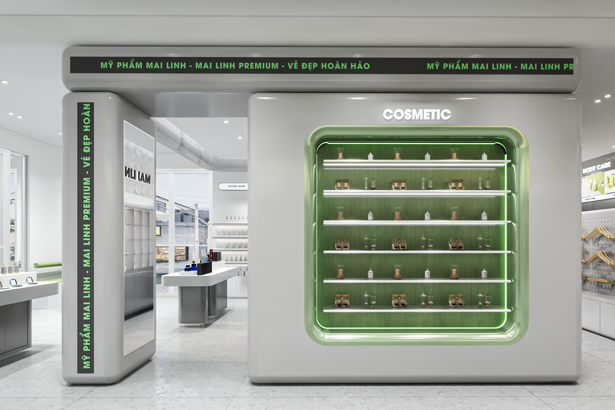 Thiết kế nội thất khu trưng bày mỹ phẩm Mai Linh Premium với hệ kệ hiện đại và ánh sáng tinh tế