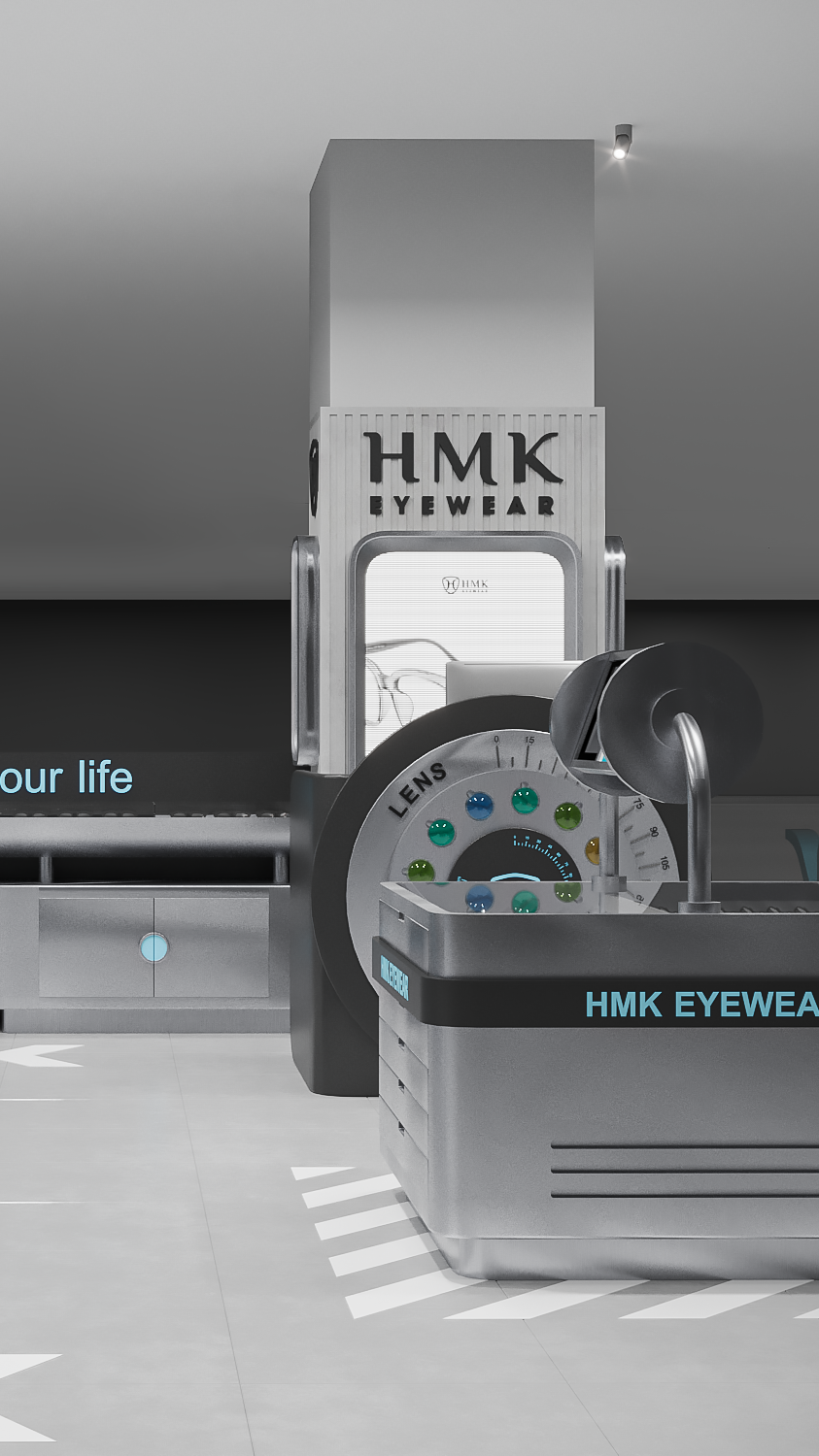 Thiết kế nội thất quầy trưng bày và trải nghiệm tròng kính HMK Eyewear trong không gian cửa hàng hiện đại.