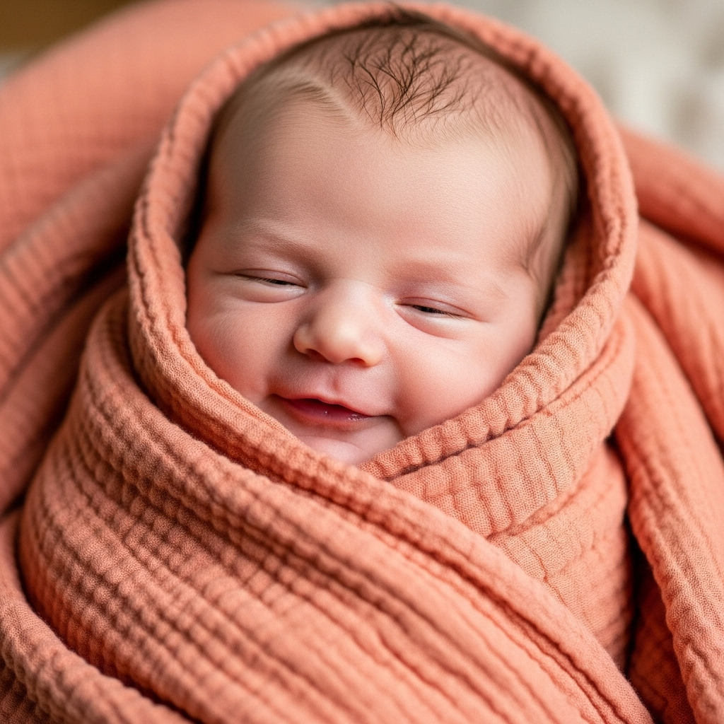Smiling baby swaddled in an orange blanket.