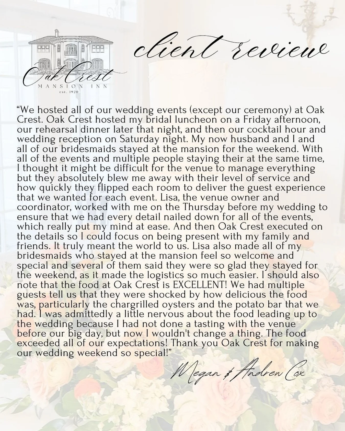 Weekend weddings at the Mansion are always magical, but this bride and grooms kind review made it even sweeter. Thank you for trusting Oak Crest with your special day! It has an honor hosting you and your loved ones&hellip;🤍
