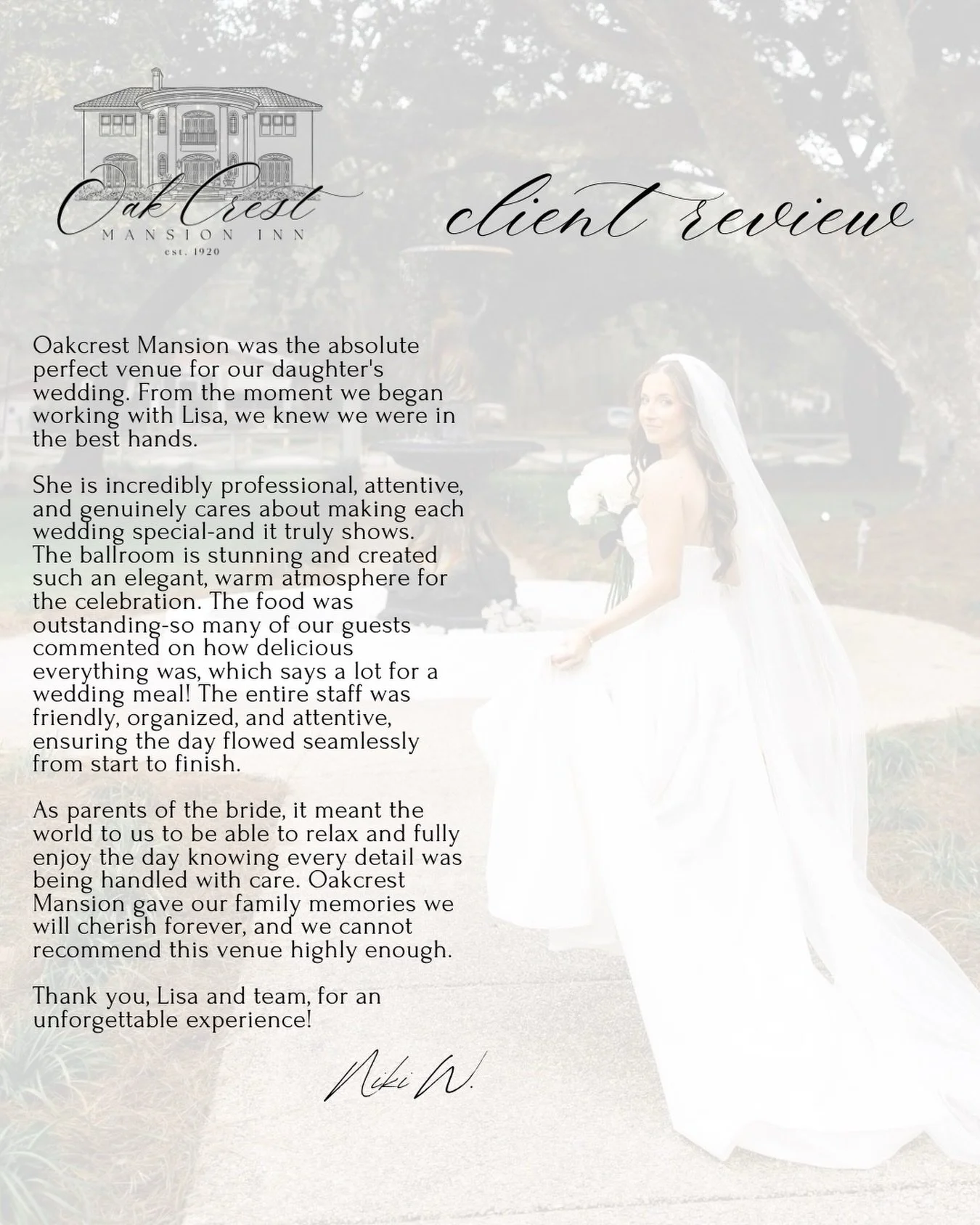 There is nothing sweeter than hearing how special a wedding day felt at Oak Crest. 🤍 From the first walk-through to the final send-off, it&rsquo;s our honor to create a space where your love story comes to life. Thank you for trusting us with such a