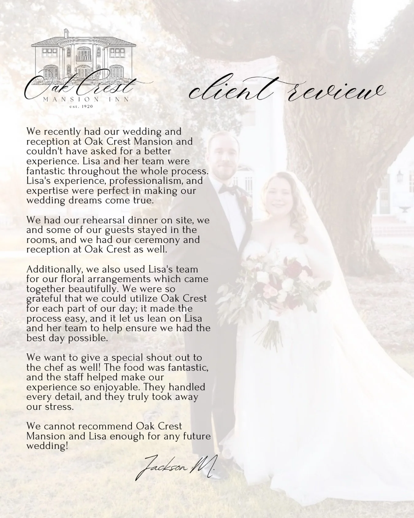 There&rsquo;s nothing we love more than hearing how special your experience was at Oak Crest 🤍

Creating moments like these is why we do what we do. Thank you for trusting Oak Crest to be part of your story ✨

Ready to experience it for yourself? Re