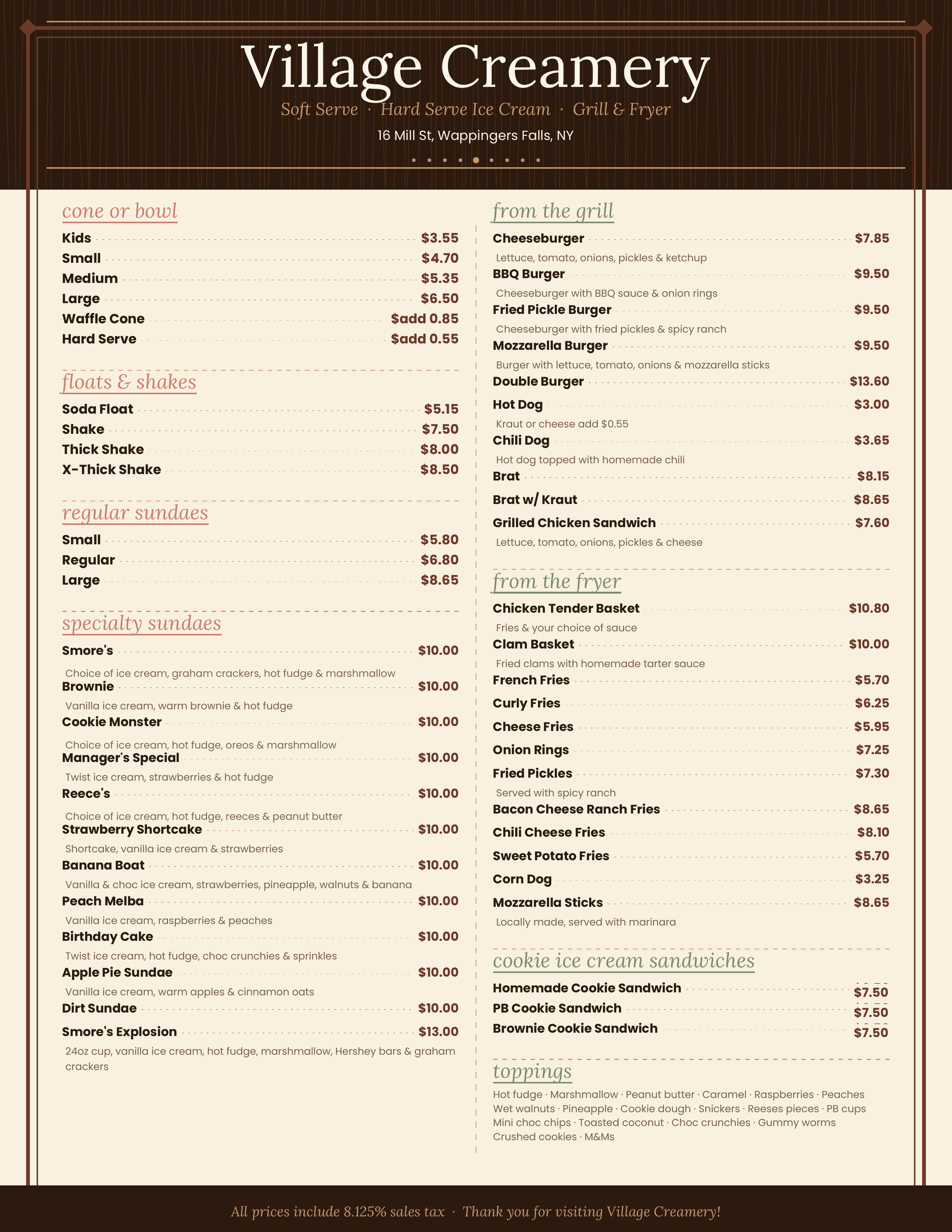 Menu from Village Creamery with sections for cone or bowl, floats & shakes, regular and specialty sundaes, from the grill, from the fryer, cookie ice cream sandwiches, and toppings.