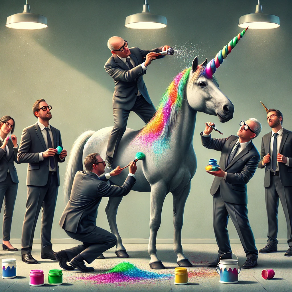 Faux investisseurs en costume peignant une licorne pour illustrer l’univers absurde du Fonds du Gouffre et ses projets créatifs non conventionnels.