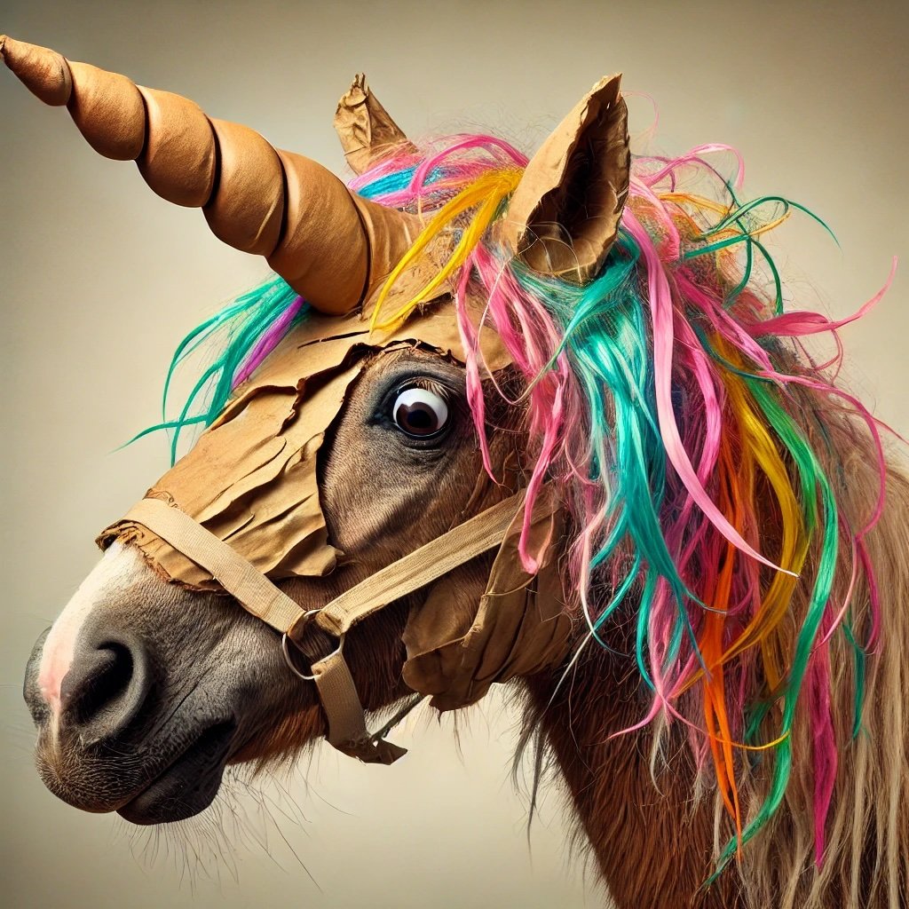 Licorne multicolore déguisée, symbole des projets farfelus et audacieux soutenus par le Fonds du Gouffre.