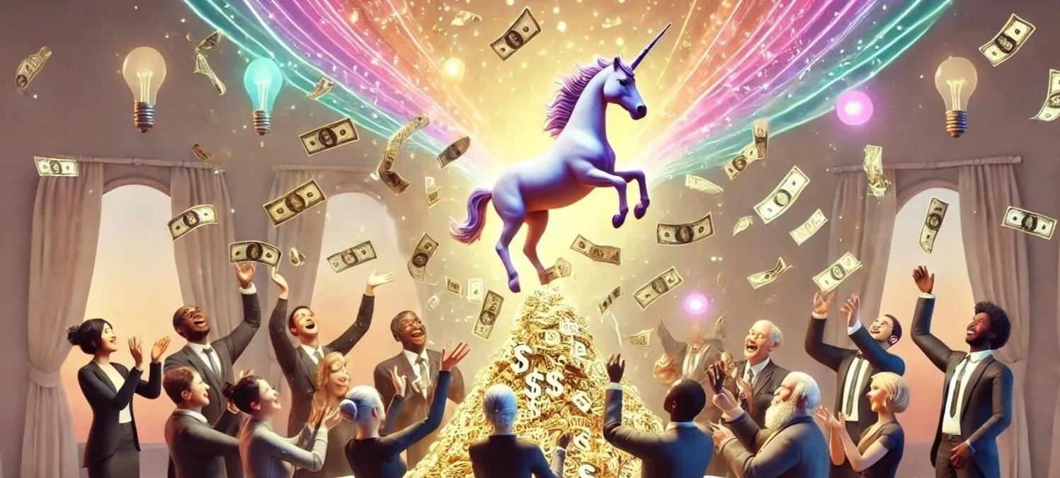 Illustration d’une licorne inspirée de la tech et des startups, volant au-dessus d’un tas d’argent et de fondateurs enthousiastes