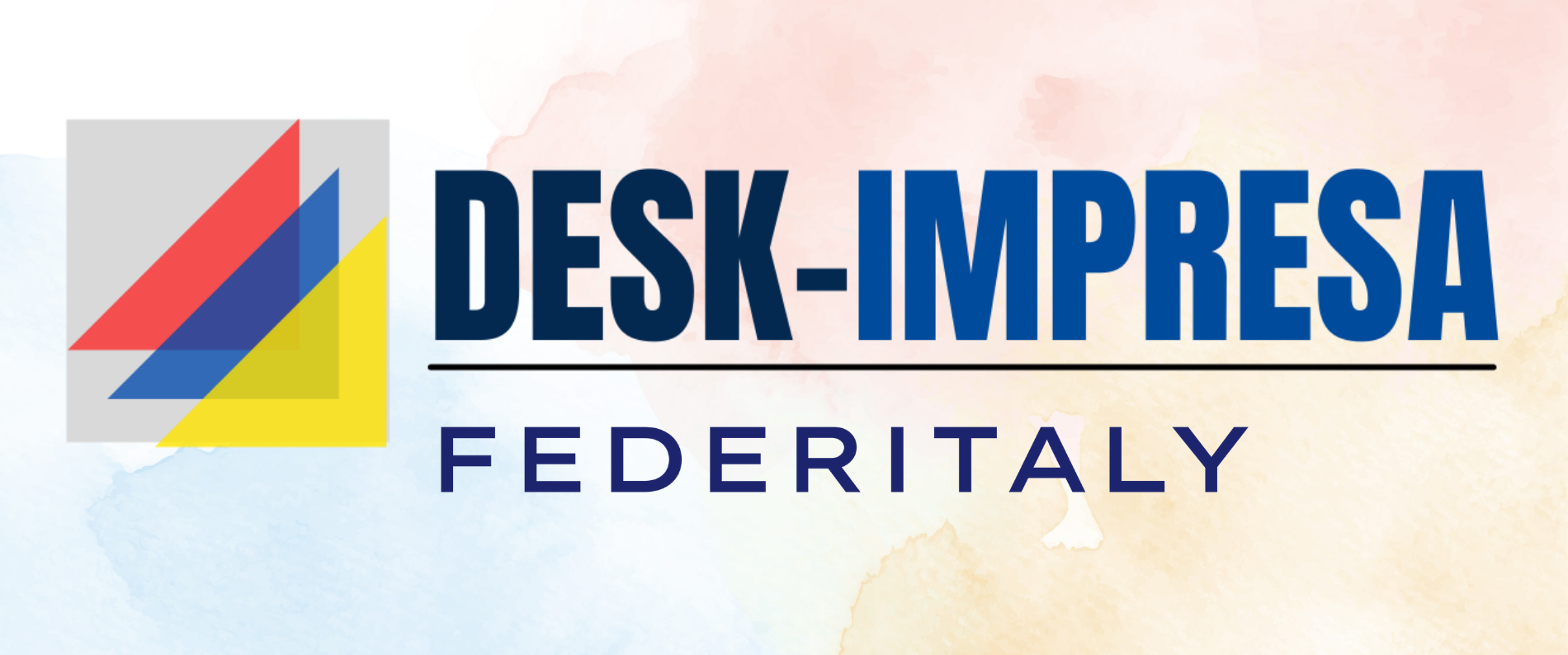 Logo con quattro triangoli sovrapposti di colore rosso, blue, giallo e blu scuro su sfondo grigio, con testo in italiano e inglese 'Desk Impresa' e 'Federitaly'