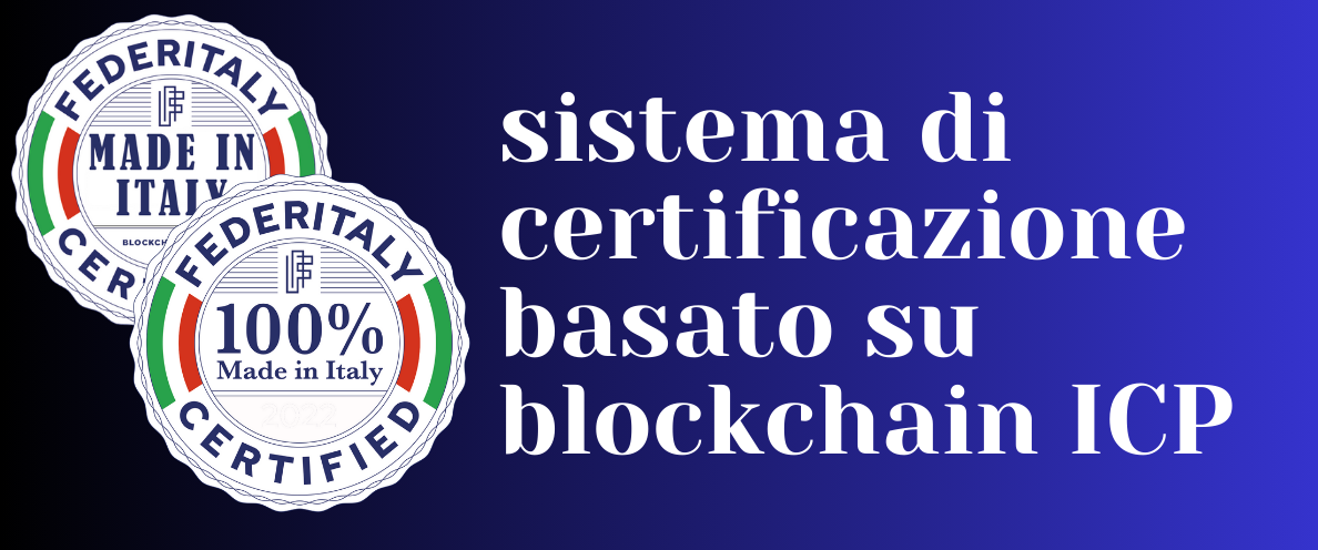 Certificati di qualità con simboli italiani e testo che indica un sistema di certificazione basato su blockchain ICP.