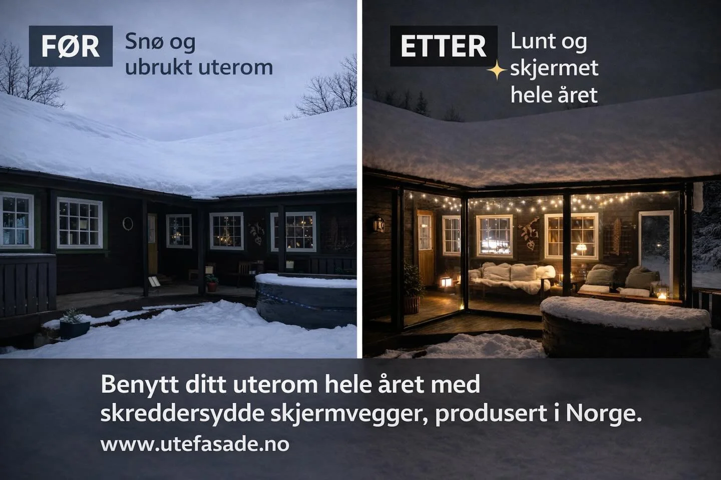 M&oslash;t Utefasade AS &ndash; en spennende ny akt&oslash;r innen fleksible utestuel&oslash;sninger.

De leverer skreddersydde skjermvegger i soft PVC som gj&oslash;r det enkelt &aring; forvandle terrassen eller uteplassen til en lun og koselig utes