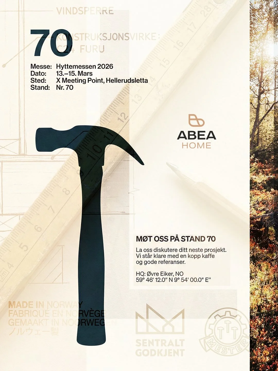 Mens bransjen har hatt det t&oslash;ft siden 2021, har ABEA HOME opplevd sin aller sterkeste salgsperiode. Hvorfor? 
 
Vi inviterer deg til &aring; ta praten over arbeidsbordet. M&oslash;t oss p&aring; Stand 70 p&aring; Hyttemessen 2026.
🗓️ 13. - 15