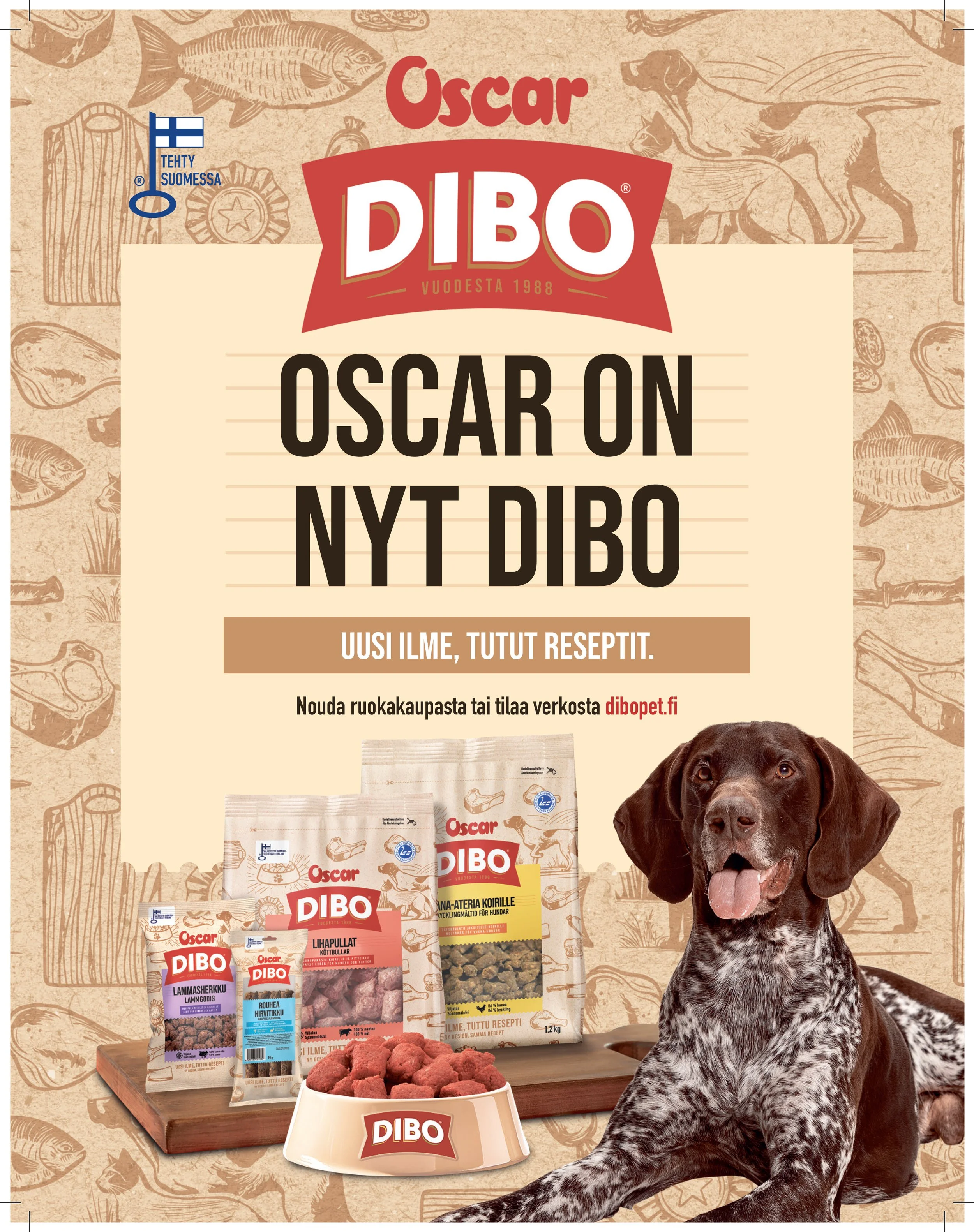 Oscar Dibo ja kuva pyöreästä ruokakupista, koira makoilee lattialla ja katsoo suoraan eteen. Taustalla on koiranruokapakkauksia.