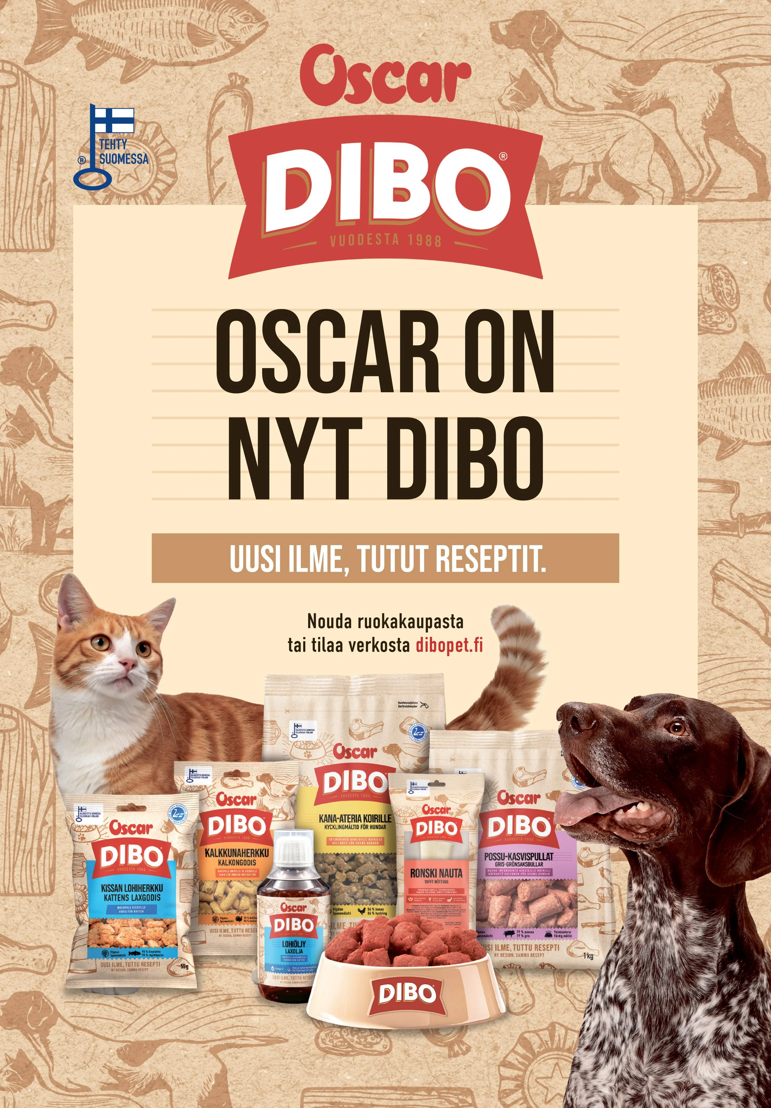 Oscar Dibo ja kuva koiran- ja kissanruokapakkauksista, koira katsoo ylös, kissa seisoo pakkausten taustalla.