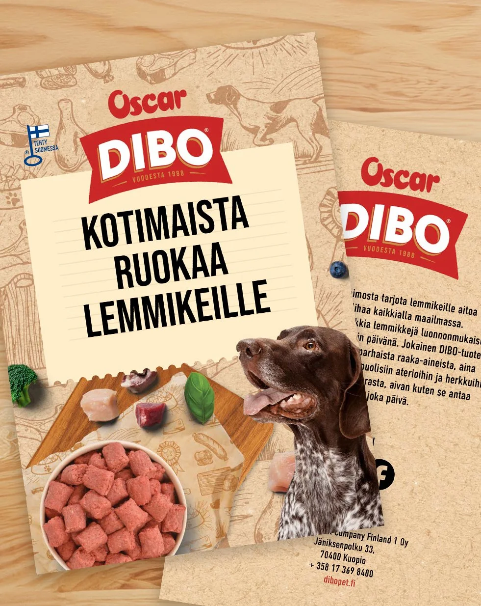 Esitteen kansi ja takasivu. Kannessa koira katsoo ylös ja vieressä ruokakuppi jossa raakaruokaa. Teksti "Kotimaista ruokaa lemmikeille"